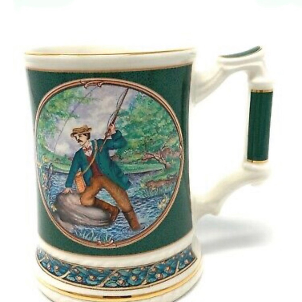 Vintage James Sadler Stein Tankard Mug Trout Fishing Made in England Green/Cream